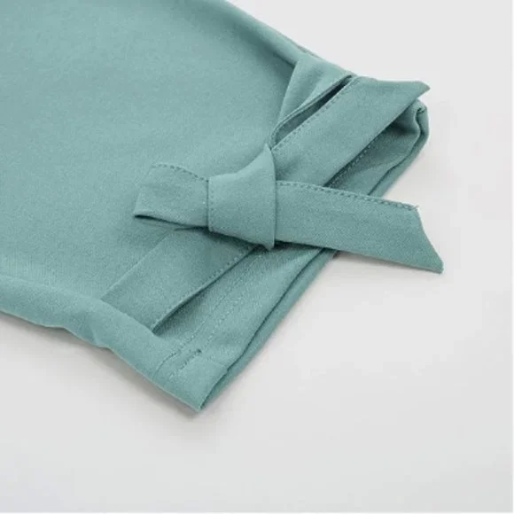 Grace Karin Smoke Blue Paper Bag Waist Cropped Pencil Pant with‎ Tie Ankle - Picture 5 of 5